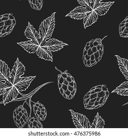 Vector seamless pattern with line sketches of leaves and buds of hops. Ornament on pub theme. Background for Oktoberfest