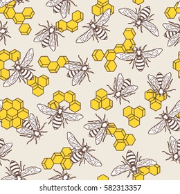 Vector seamless pattern with linear bee and yellow honeycombs. Organic honey background. Concept for honey package design, label, wrapping, prints.
