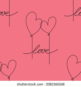 Vector seamless pattern. Linear black hearts look like balloons , lettering word love on pink. Minimalist design for holiday saint valentines or wedding decor, textile, wrapping paper.