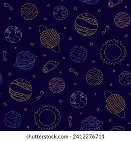 Vector seamless pattern with linear colored planets of the solar system on a dark blue background