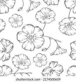 Vector seamless pattern of linear figured flax flowers. black and white doodle style. Modern design for clothing, packaging, paper, cover, fabric, interior decor