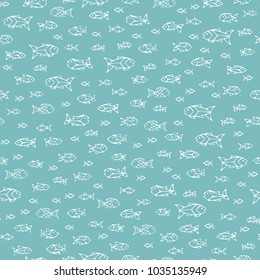 Vector seamless pattern of linear fish. White contours of sardines on blue background. Boundless background can be used for web page backgrounds, wallpapers, wrapping papers and invitations.