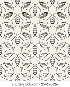 Vector seamless pattern. Linear graphic design. Decorative geometric mono line grid. Floral linear background. Stylized branches with leaves