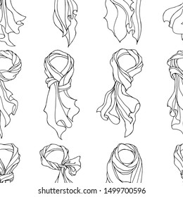 Vector seamless pattern with linear hand drawn silk scarfs in different way to tie. 