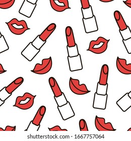 Vector seamless pattern: linear hand drawn simple sketch of red lipstic and lips on white. Line art ornament for textile , fabric , wrapping paper, wallpaper. Female make up , beauty design. 