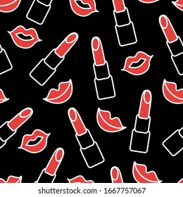 Vector seamless pattern: linear hand drawn simple sketch of red lipstic and lips on black. Line art ,chalk style for textile , fabric , wrapping paper, wallpaper. Female make up , beauty design. 