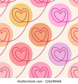 Vector seamless pattern with linear hearts of stitching and circles. Color polka dot background Valentine's Day, wedding. Romantic ornamental abstract illustration in tints of pink for web and print