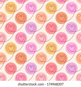 Vector seamless pattern with linear hearts of stitching. Valentine's day and wedding pink polka dot texture for print, web