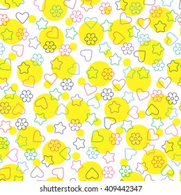 Vector seamless pattern with linear hearts, flowers, stars.