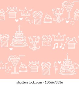 Vector seamless pattern with linear icons for birthday celebrations isolated on pink background. Included cake, crown, flowers, notes, hearts, glass.