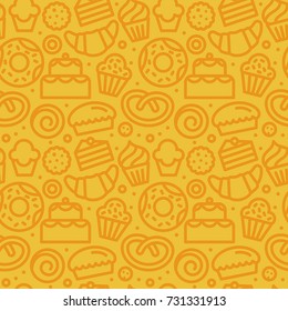 Vector seamless pattern with linear icons and illustrations related to bakery, cafe, cupcake shop - packaging design wrapping paper and background design in yellow colors