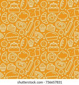 Vector seamless pattern with linear icons and illustrations related to bakery, cafe, cupcake shop - packaging design wrapping paper and background design in yellow colors