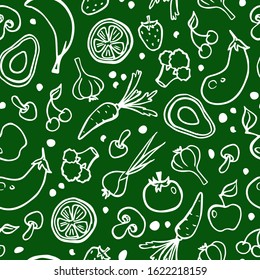 vector seamless pattern with a linear image of cartoon vegetables and fruits. eggplant, strawberry, broccoli, banana, cherry, carrot, onion, garlic, mushroom, orange, apple, avocado, tomato.