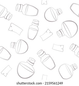 Vector seamless pattern with a linear image of a potion on a white background.