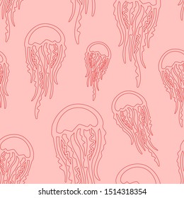 Vector seamless pattern with linear jellyfish on the pink backround. Modern minimalistic texture. Marine theme. For textile design, wallpaper, posters, cover, package design. Doodle style.