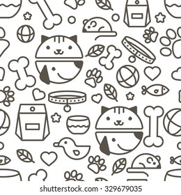 Vector Seamless Pattern With Linear Muzzle Of Cat And Dog, Goods For Animals. Abstract Design Concept For Pet Shop Or Veterinary. Black And White Simple Background.