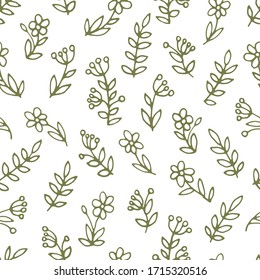 Vector seamless pattern: linear pastel green  color hand drawn simple flowers with leaves and berries. Pretty minimalism, sketch style design for textile, wrapping paper, wallpaper.