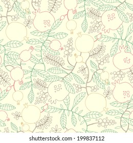 Vector seamless pattern of linear pomegranate and apple tree