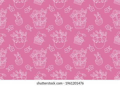 Vector seamless pattern in linear style with Easter eggs, bunnies, flowers, seasonal traditional spring background. Bright stylish Easter pattern on pink background
