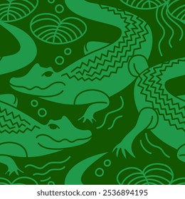 Vector seamless pattern with linear style crocodiles swimming in the river
