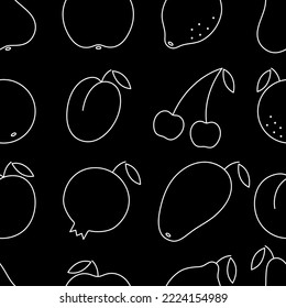 Vector seamless pattern: linear white on black fruits. Pear, apple, lemon, cherry, orange, plum, mango, pomegranatem peach. Design in line art style on dark background for textile, wrapping paper.