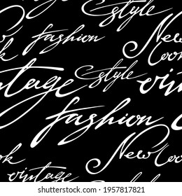 Vector Seamless Pattern: Linear Words Fashion, Style, New Look White On Black. Chalkboard Style Design With Lettering  For Textile, Wrapping Paper, Wallpaper, Card, Banner