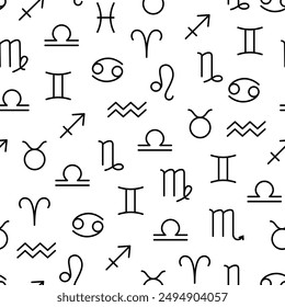 Vector seamless pattern with linear zodiac signs on white background.