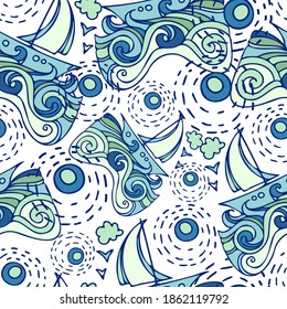 Vector seamless pattern lined design of sea landscape with sailboat and sun in blue tones. The design is perfect for textiles, backgrounds, wallpaper, wrapping paper, surfaces, home decor