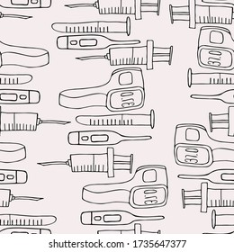 Vector seamless pattern of lined medical set, including electric and infrared thermometers, syringe, test tube and virus cells on light pink. Perfect for backgrounds, banners, badges, advertisements.