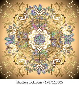 Vector. Seamless pattern. Lined tiled motif over colored background with curls style.Illustration in beige, brown, neutral colors. Abstract background with islamic ornament, arabic geometric texture.