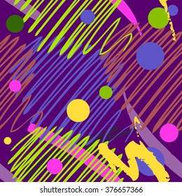 Vector seamless pattern with lines, brushstrokes, splatters, circles and curls in bright yellow, green, pink colors at the violet background. Print texture perfect for summer and spring sport fashion.