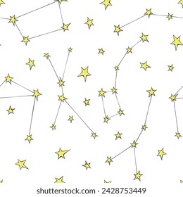 Vector seamless pattern of lines different constellations on white background. Astronomy, space texture, design. Star chart, map