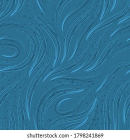 Vector seamless pattern of lines drawn with watercolors in blue on a blue background.Texture from flowing stripes and loops