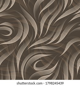 Vector seamless pattern of lines drawn by a pen of beige color isolated on a brown background.Texture of smooth stripes and loops