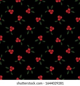 Vector seamless pattern with lingonberries on black background; forest berries for fabric, wallpaper, packages, textile, web design.