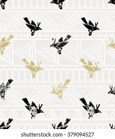 Vector seamless pattern. linocut style with birds and geometrical ornament. Vintage background. 