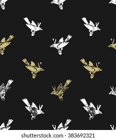 Vector seamless pattern. linocut style with white and gold birds. Hipster background. 