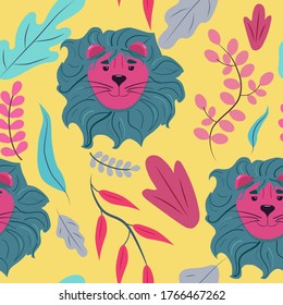 Vector seamless pattern with lion head drawn in a flat style in pink and turquoise colors.
