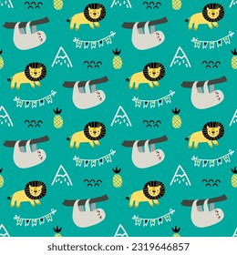 Vector seamless pattern with lion, sloth.Tropical jungle cartoon creatures.Pastel animals background.Cute natural pattern for fabric, childrens clothing,textiles,wrapping paper.