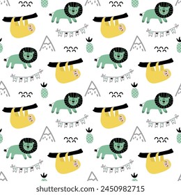 Vector seamless pattern with lion, sloth.Tropical jungle cartoon creatures.Pastel animals background.Cute natural pattern for fabric, childrens clothing,textiles,wrapping paper.