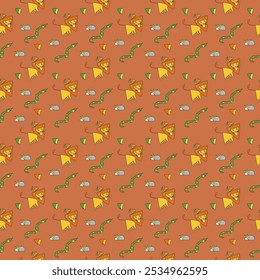 Vector seamless pattern with a lion, snake and stones