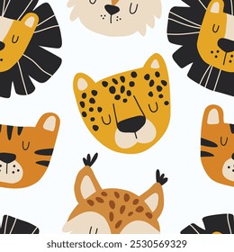 Vector seamless pattern from lion, tiger, leopard and lynx. Colorful children's illustration with feline animals.