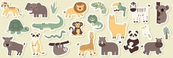 Vector Seamless Pattern With Lion, Toucan, Parrot, Crocodile, Zebra, Elephant, Sloth.Tropical Jungle Cartoon Creatures.Cute Natural Pattern For Fabric, Childrens Clothing,textiles,wrapping Paper.