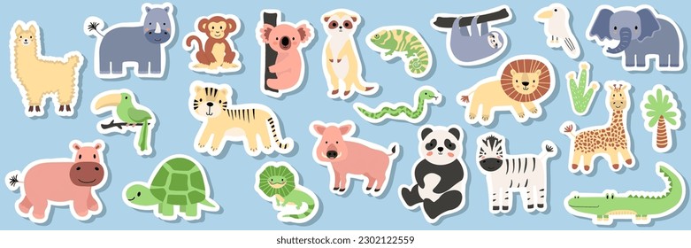 Vector seamless pattern with lion, toucan, parrot, crocodile, zebra, elephant, sloth.Tropical jungle cartoon creatures.Cute natural pattern for fabric, childrens clothing,textiles,wrapping paper.
