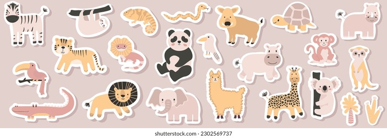 Vector seamless pattern with lion, toucan, parrot, crocodile, zebra, elephant, sloth.Tropical jungle cartoon creatures.Cute natural pattern for fabric, childrens clothing,textiles,wrapping paper.