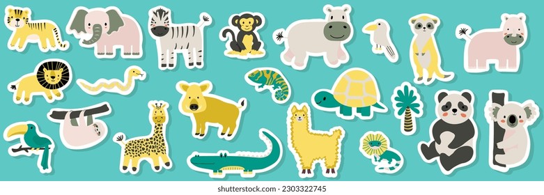 Vector seamless pattern with lion, toucan, parrot, crocodile, zebra, elephant, sloth.Tropical jungle cartoon creatures.Cute natural pattern for fabric, childrens clothing,textiles,wrapping paper.