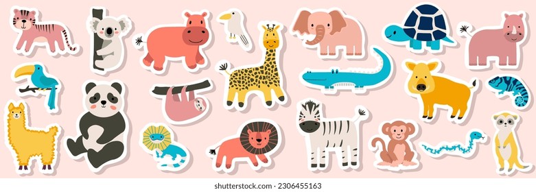 Vector seamless pattern with lion, toucan, parrot, crocodile, zebra, elephant, sloth.Tropical jungle cartoon creatures.Cute natural pattern for fabric, childrens clothing,textiles,wrapping paper.