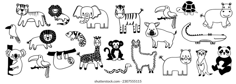 Vector seamless pattern with lion, toucan, parrot, crocodile, zebra, elephant, sloth.Tropical jungle cartoon creatures.Cute natural pattern for fabric, childrens clothing,textiles,wrapping paper.