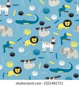 Vector seamless pattern with lion, toucan, parrot, crocodile, zebra, elephant, sloth.Tropical jungle cartoon creatures.Cute natural pattern for fabric, childrens clothing,textiles,wrapping paper.