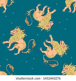 Vector seamless pattern with lions isolated on the turquoise background. Animal background for fabric or wallpaper design. Fun illustration for fabric, wallpaper, cover, cards, pet products and other.